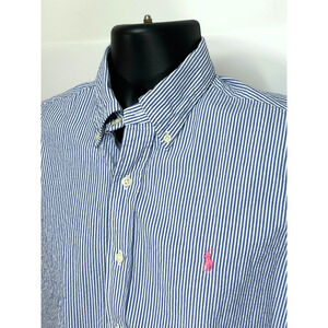 Polo Ralph Lauren Seersucker Shirt Blue White Striped Short Sleeve Men's Medium